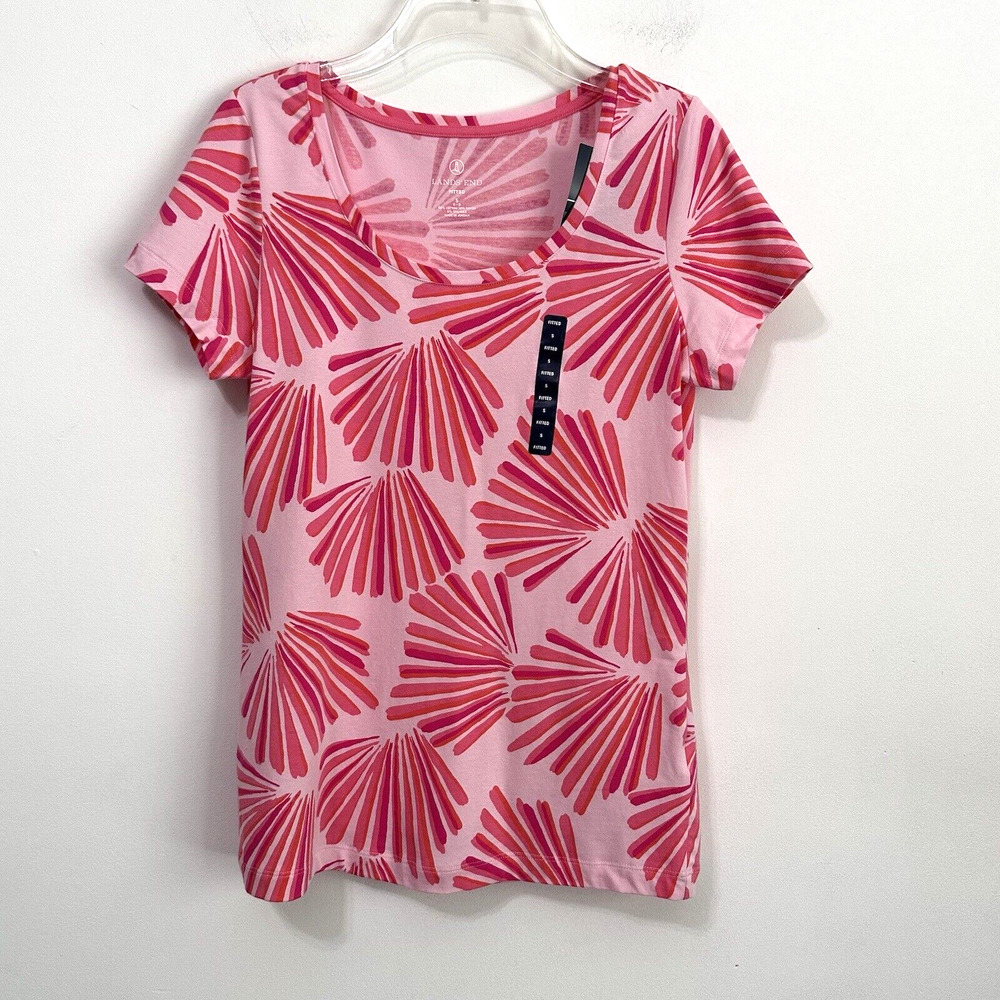 Lands End Tee Tshirt S Fitted Pink Short Sleeve Classic Wax‎ Flower Shells NEW